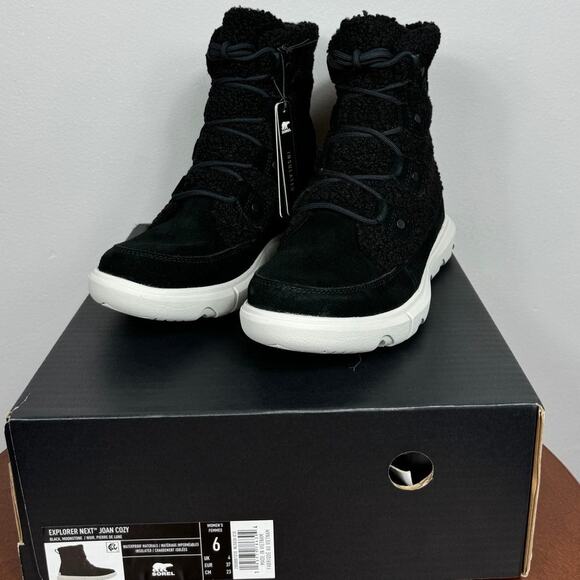 New Sorel Explorer Next Joan Cozy Boots in Black Suede/Faux Shearling Size 6 - Picture 3 of 9